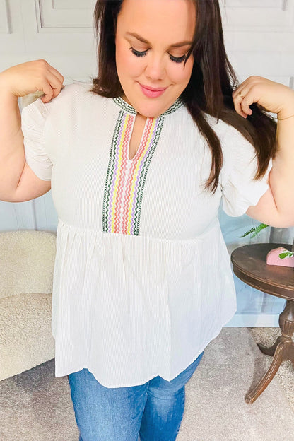 Weekend Ready Taupe Embroidered Notched Neck Babydoll Top - Bitsy Gypsy Boutique