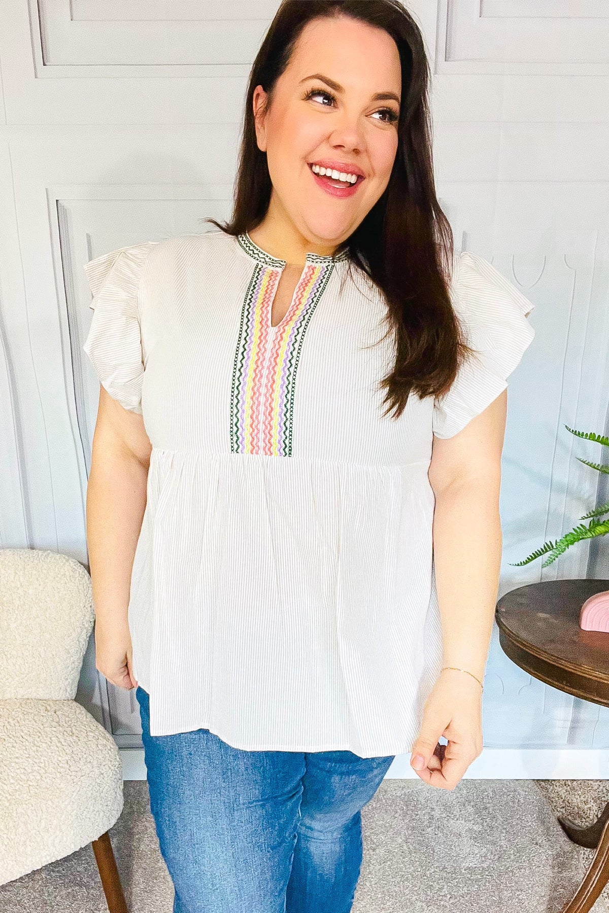 Weekend Ready Taupe Embroidered Notched Neck Babydoll Top - Bitsy Gypsy Boutique