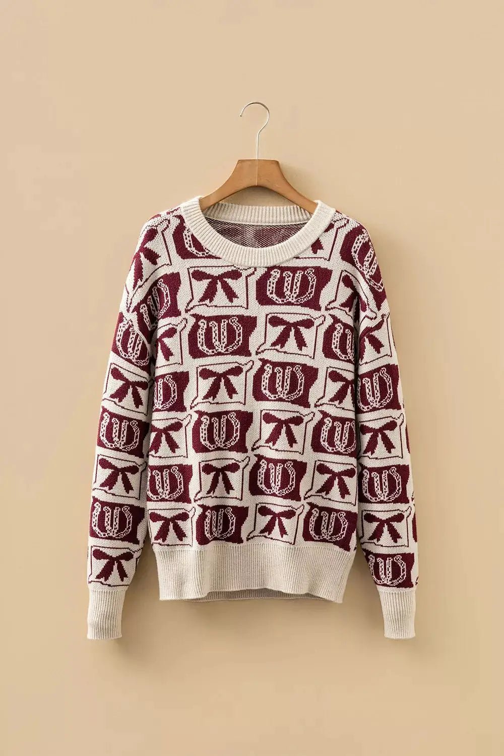 Western Bows Horseshoes Pattern Round Neck Sweater - Bitsy Gypsy Boutique
