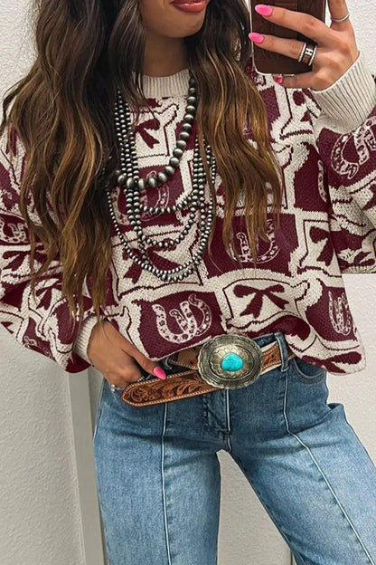 Western Bows Horseshoes Pattern Round Neck Sweater - Bitsy Gypsy Boutique