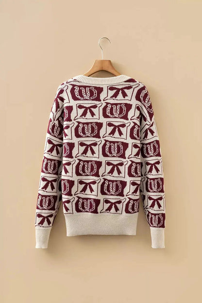 Western Bows Horseshoes Pattern Round Neck Sweater - Bitsy Gypsy Boutique