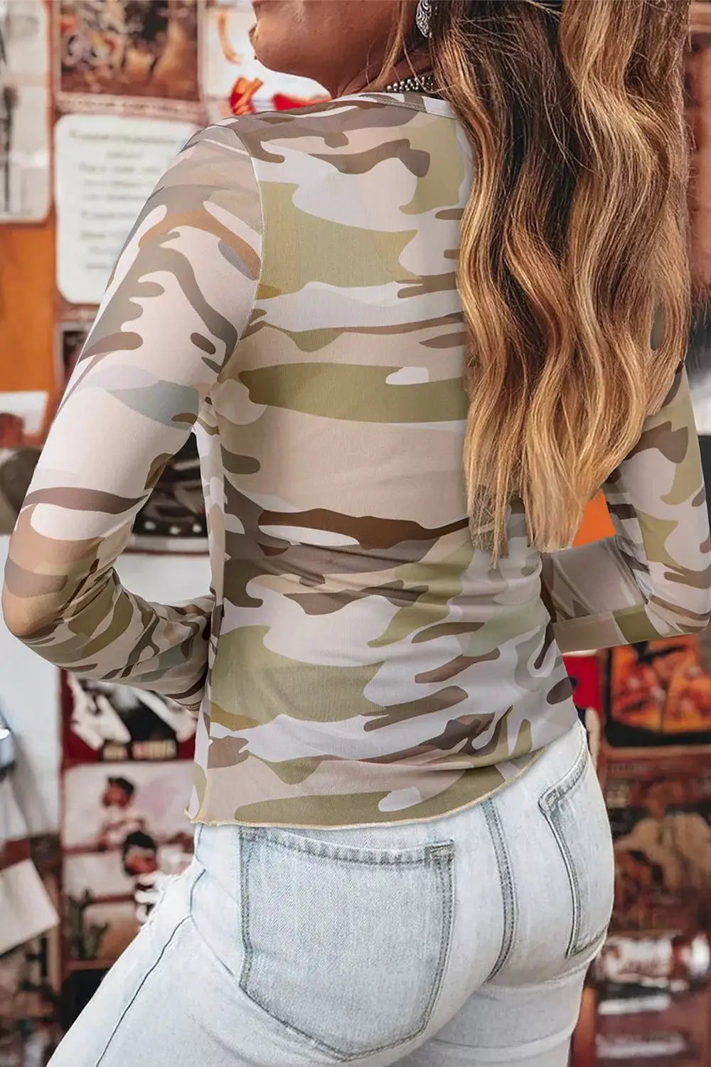 Western Camo Print Mesh Long Sleeve Top by Trendsi