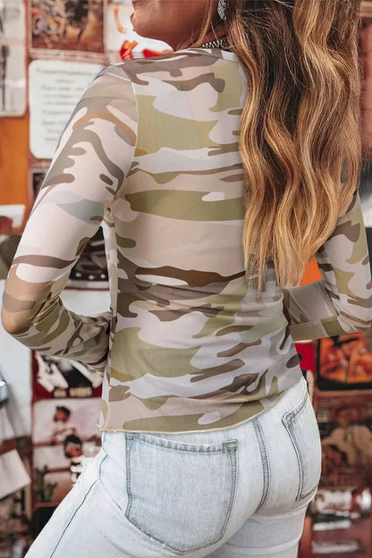 Western Camo Print Mesh Long Sleeve Top by Trendsi