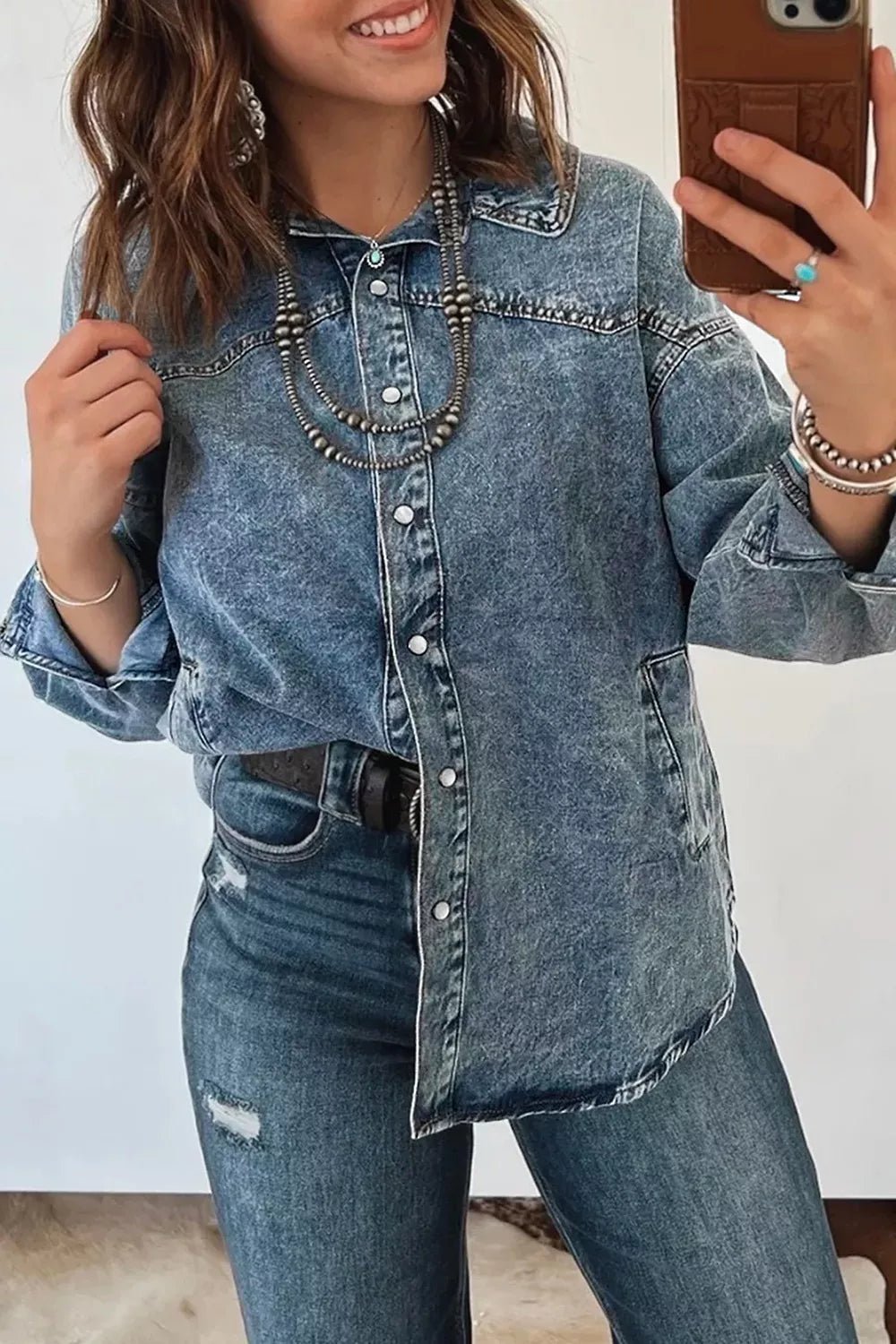 Western Long Sleeve Shirt Collar Tunic Denim Jacket - Bitsy Gypsy Boutique