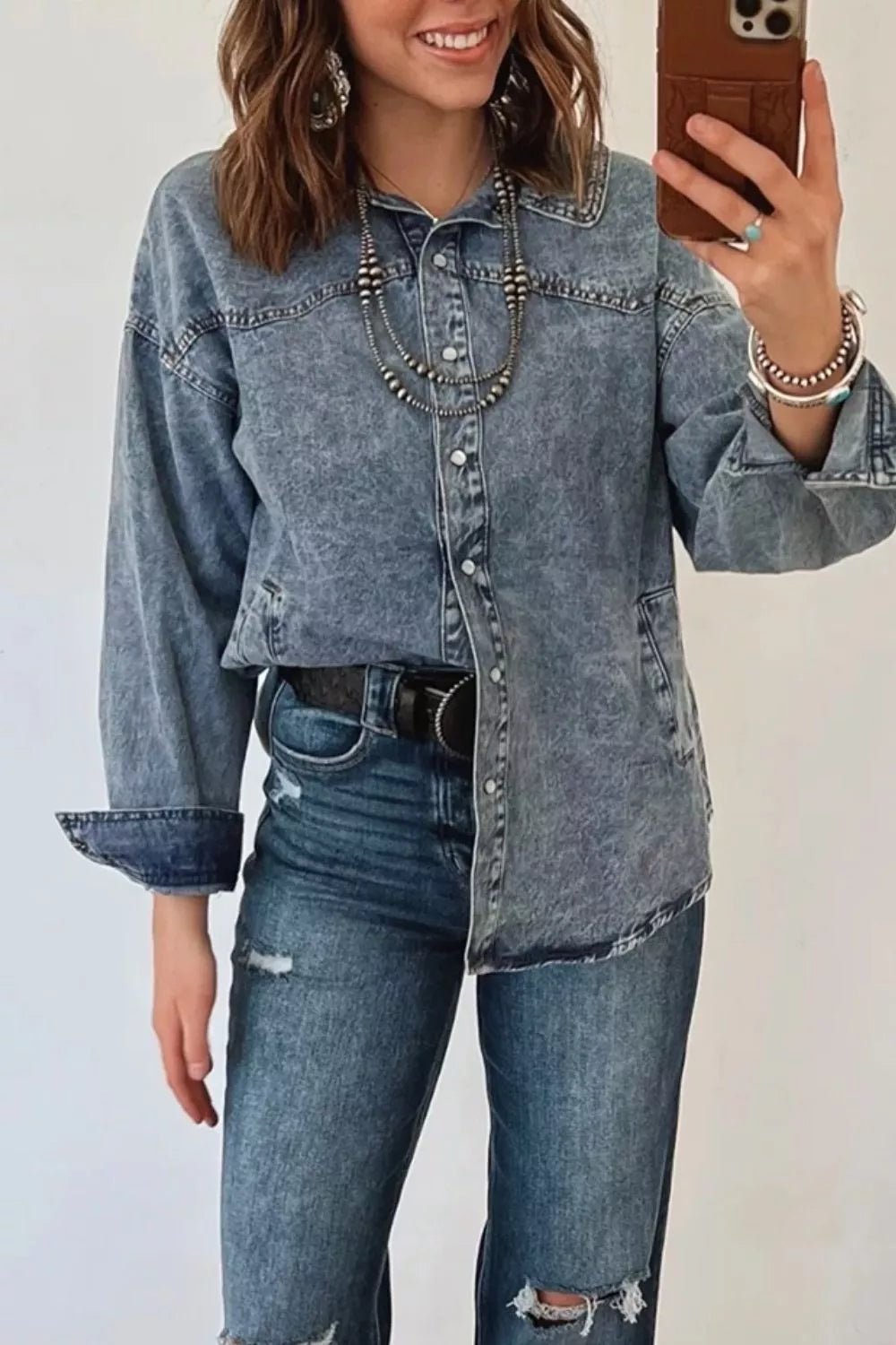 Western Long Sleeve Shirt Collar Tunic Denim Jacket - Bitsy Gypsy Boutique