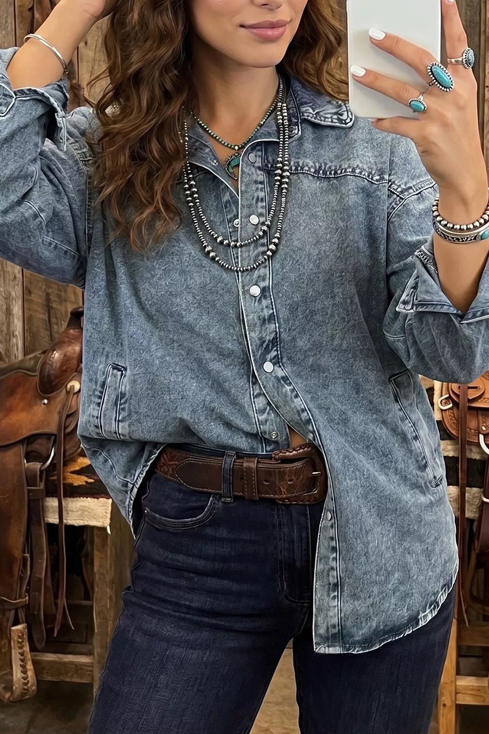 Western Long Sleeve Shirt Collar Tunic Denim Jacket - Bitsy Gypsy Boutique