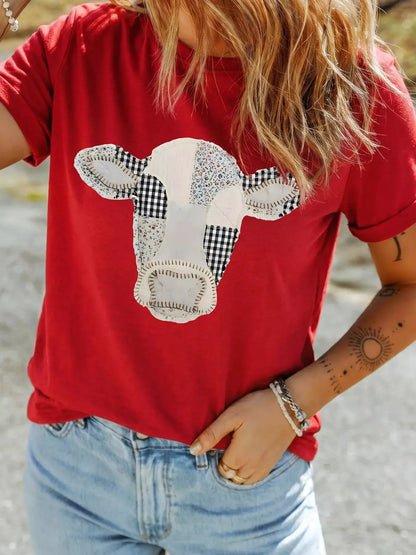 Western Patchwork Cow Print Round Neck Casual T Shirt - Bitsy Gypsy Boutique