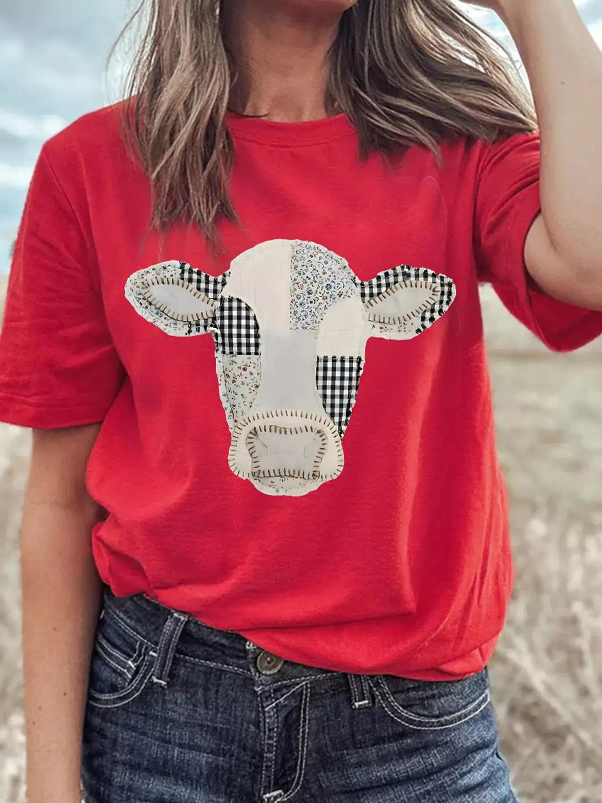 Western Patchwork Cow Print Round Neck Casual T Shirt - Bitsy Gypsy Boutique