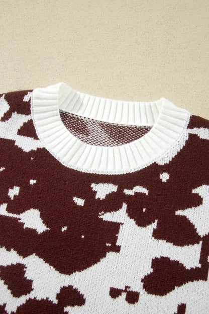 Western Print Cow Pattern Long Sleeve Round Neck Pullover Knitwear Sweater - Bitsy Gypsy Boutique