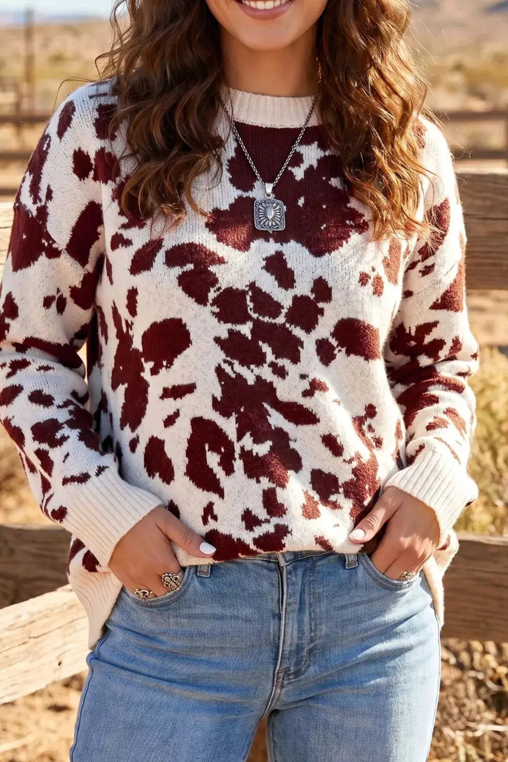 Western Print Cow Pattern Long Sleeve Round Neck Pullover Knitwear Sweater - Bitsy Gypsy Boutique