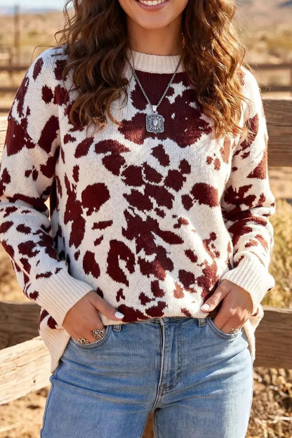 Western Print Cow Pattern Long Sleeve Round Neck Pullover Knitwear Sweater - Bitsy Gypsy Boutique