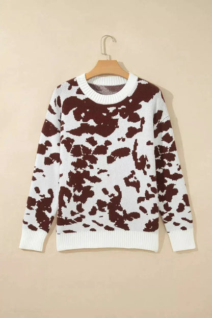 Western Print Cow Pattern Long Sleeve Round Neck Pullover Knitwear Sweater - Bitsy Gypsy Boutique