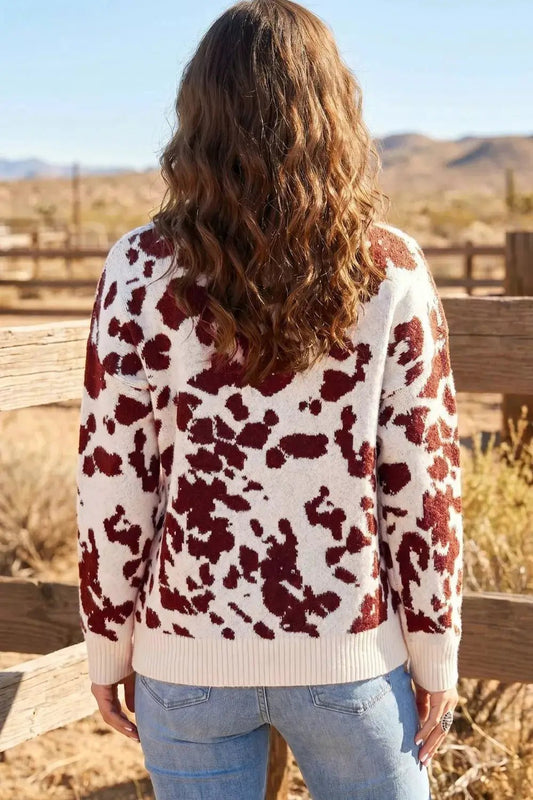 Western Print Cow Pattern Long Sleeve Round Neck Pullover Knitwear Sweater - Bitsy Gypsy Boutique