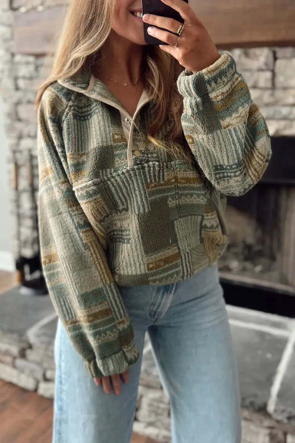 Western Print Fleece Long Sleeve Casual Fit Sweatshirt by Trendsi