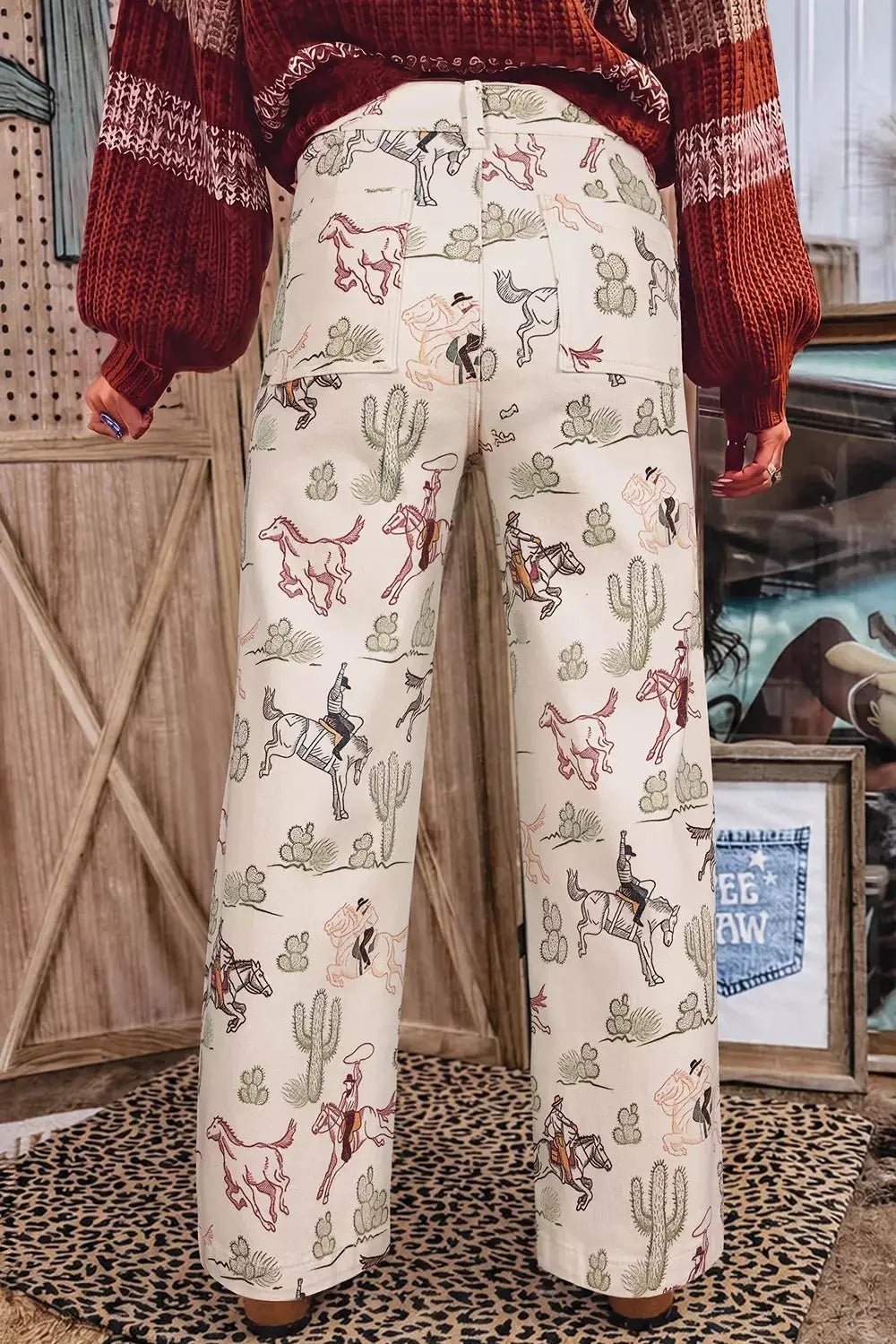 Western Print Straight Leg Ankle-Length Pocket Jeans - Bitsy Gypsy Boutique
