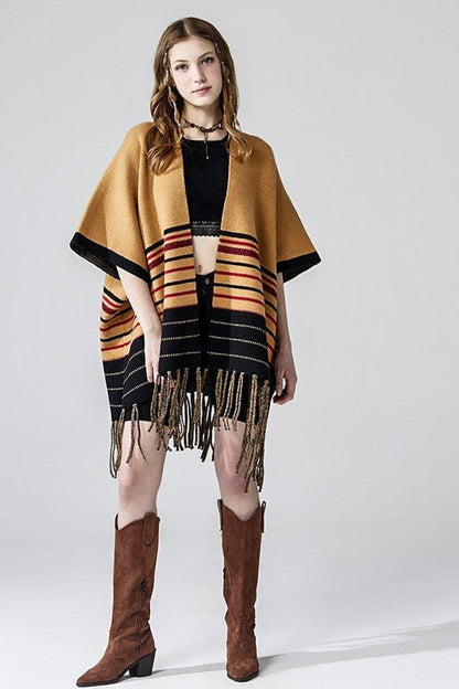 Western Striped Fringed Ruana Poncho Cardigan - Bitsy Gypsy Boutique