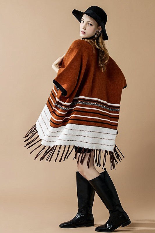 Western Striped Fringed Ruana Poncho Cardigan - Bitsy Gypsy Boutique