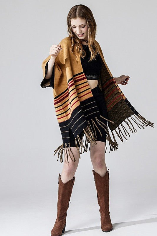 Western Striped Fringed Ruana Poncho Cardigan - Bitsy Gypsy Boutique