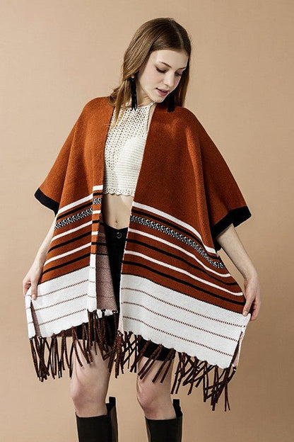 Western Striped Fringed Ruana Poncho Cardigan - Bitsy Gypsy Boutique