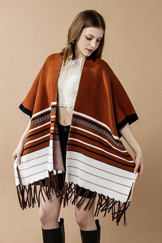 Western Striped Fringed Ruana Poncho Cardigan - Bitsy Gypsy Boutique