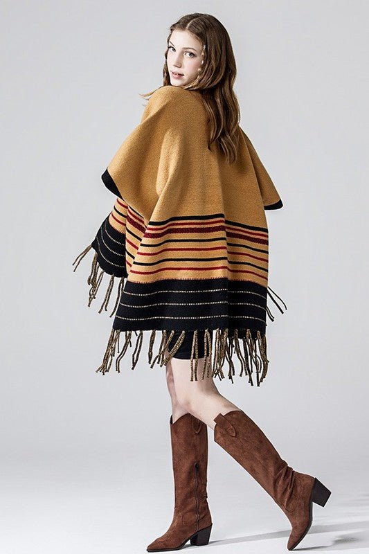 Western Striped Fringed Ruana Poncho Cardigan - Bitsy Gypsy Boutique