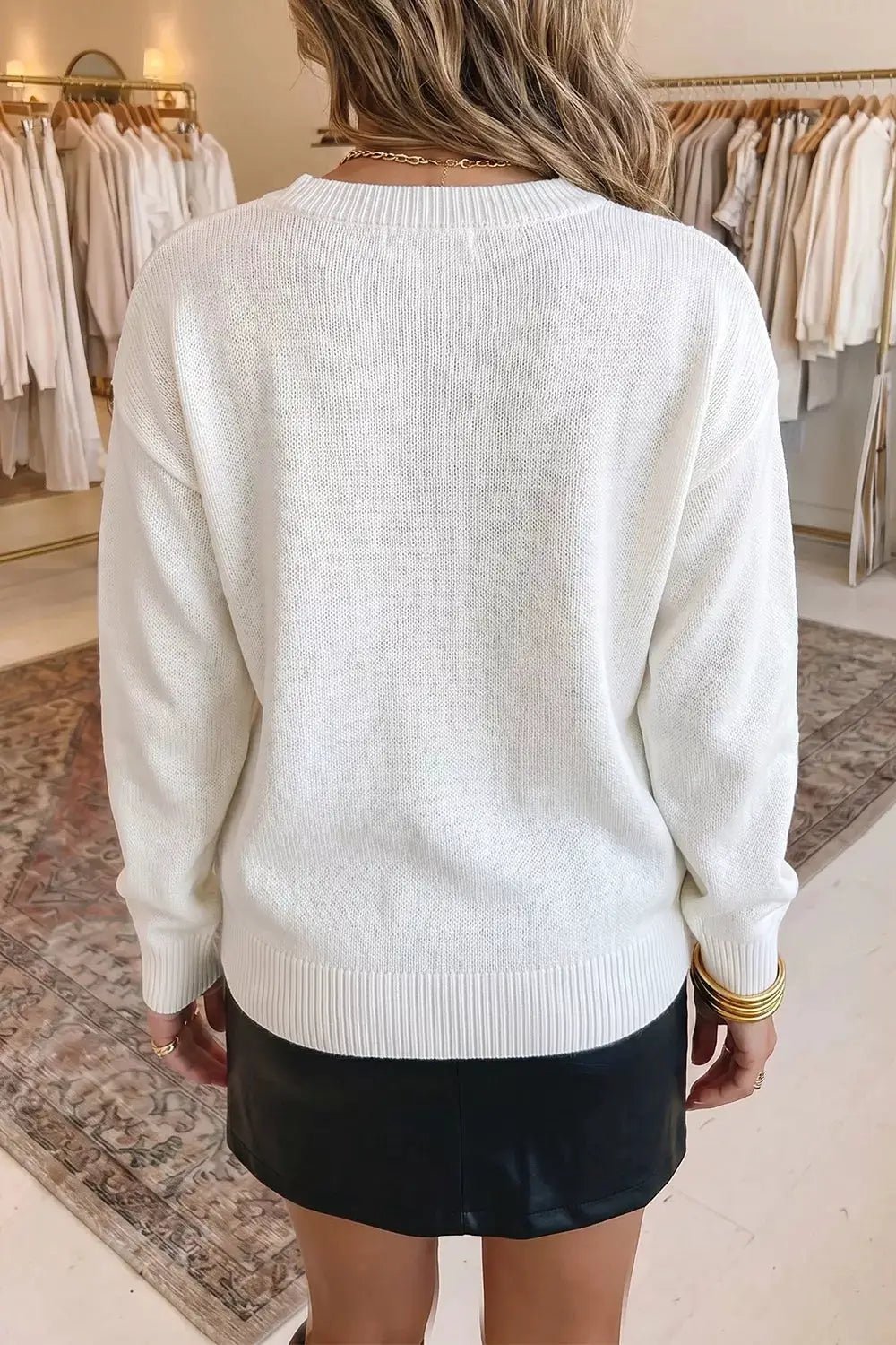 White Abstract Knit Drop Shoulder Round Neck Sweater - Bitsy Gypsy Boutique