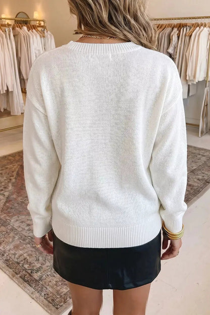 White Abstract Knit Drop Shoulder Round Neck Sweater - Bitsy Gypsy Boutique