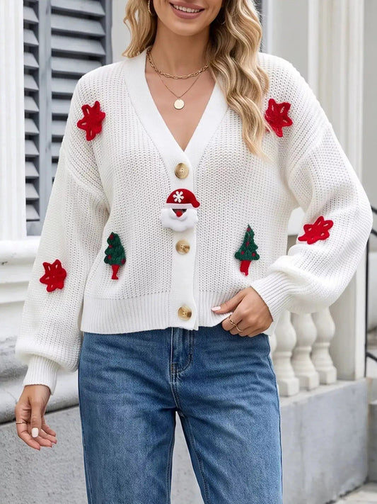 White Christmas Applique Button V-Neck Knit Cardigan - Bitsy Gypsy Boutique