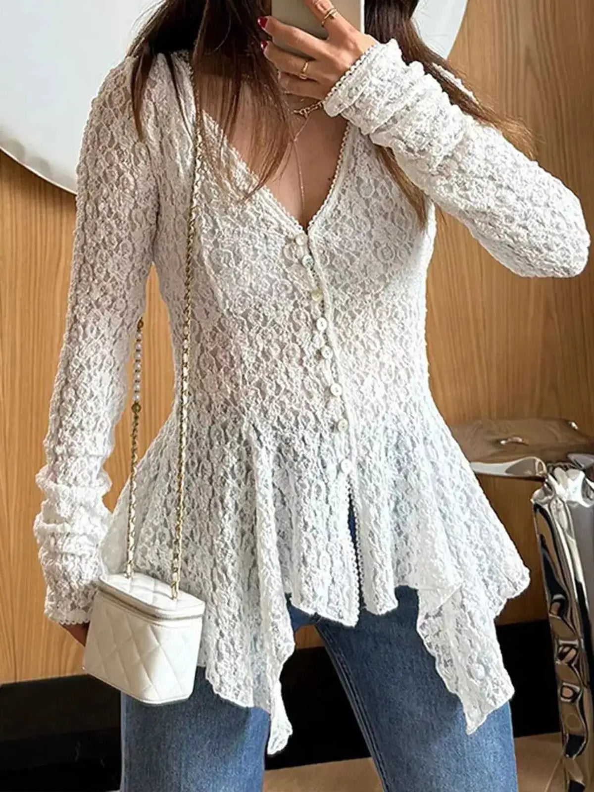 White Floral Lace V Neck Button Front Peplum Blouse - Bitsy Gypsy Boutique