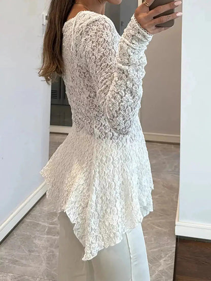 White Floral Lace V Neck Button Front Peplum Blouse - Bitsy Gypsy Boutique