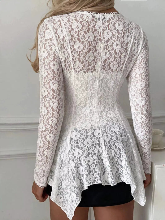 White Floral Lace V Neck Button Front Peplum Blouse - Bitsy Gypsy Boutique