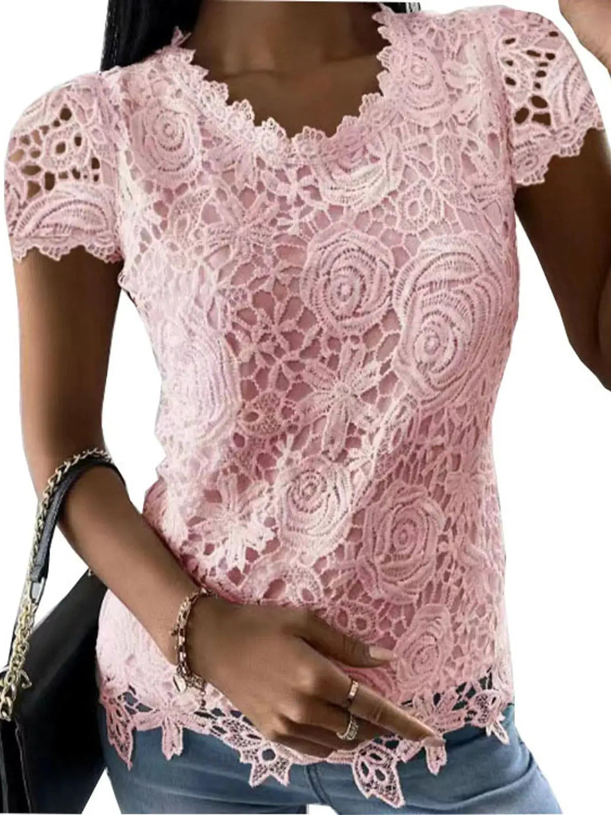 White Floral Openwork Lace Short Sleeve Blouse - Bitsy Gypsy Boutique