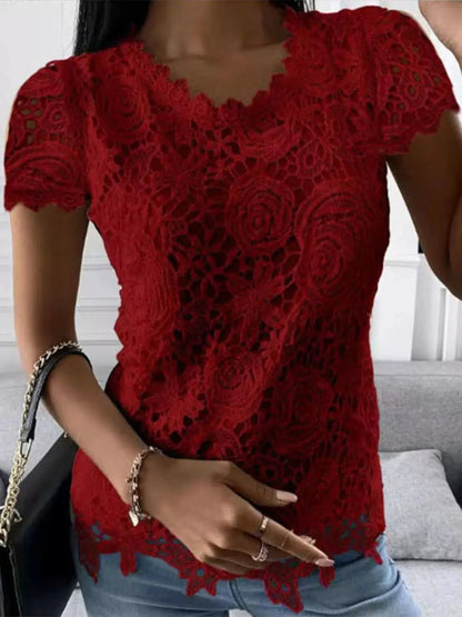 White Floral Openwork Lace Short Sleeve Blouse - Bitsy Gypsy Boutique