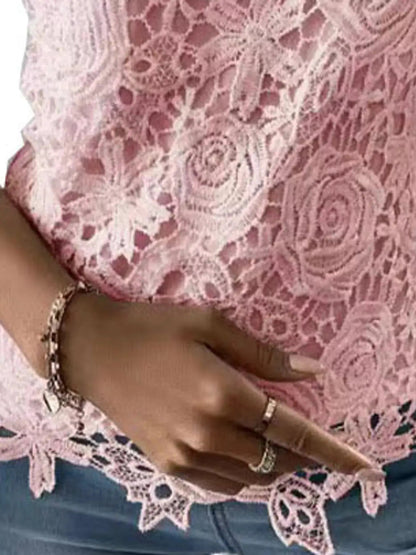 White Floral Openwork Lace Short Sleeve Blouse - Bitsy Gypsy Boutique