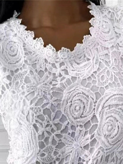White Floral Openwork Lace Short Sleeve Blouse - Bitsy Gypsy Boutique