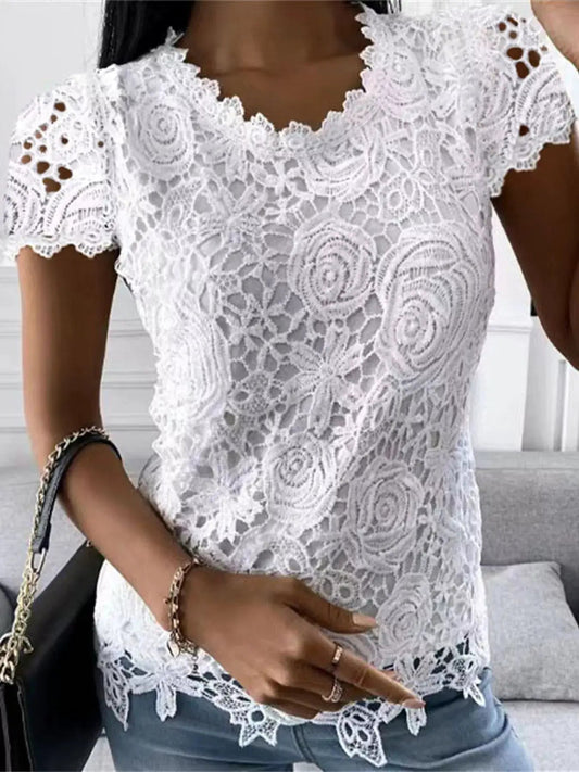 White Floral Openwork Lace Short Sleeve Blouse - Bitsy Gypsy Boutique