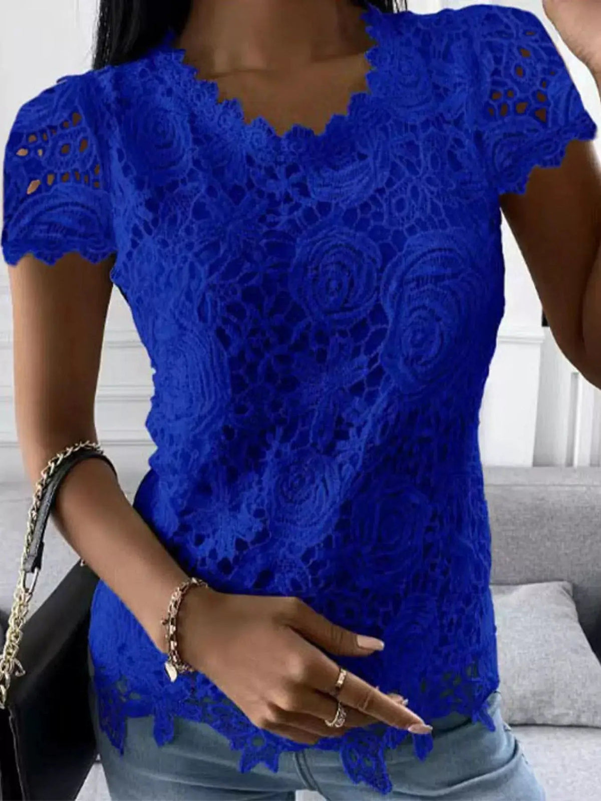White Floral Openwork Lace Short Sleeve Blouse - Bitsy Gypsy Boutique