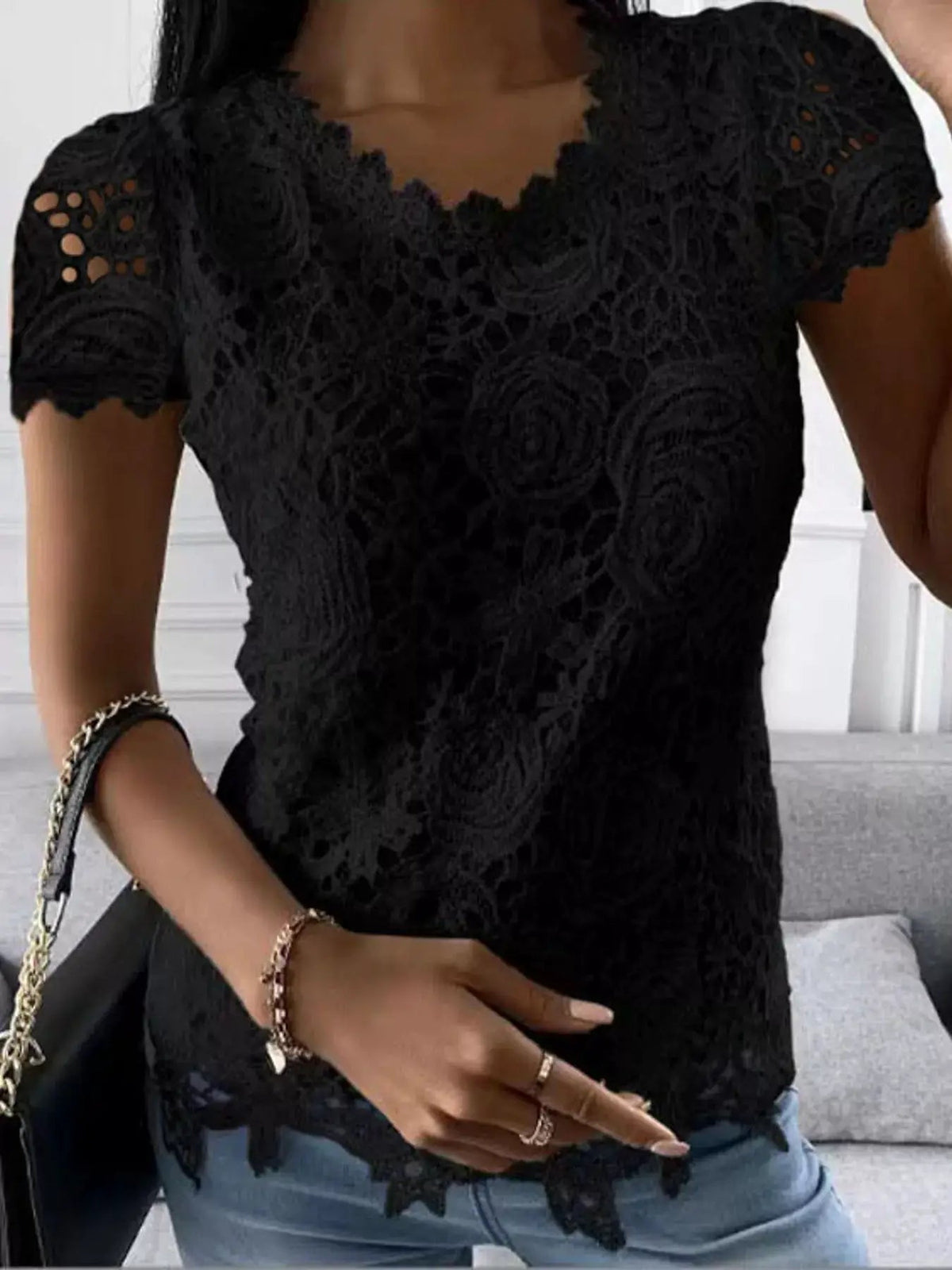 White Floral Openwork Lace Short Sleeve Blouse - Bitsy Gypsy Boutique