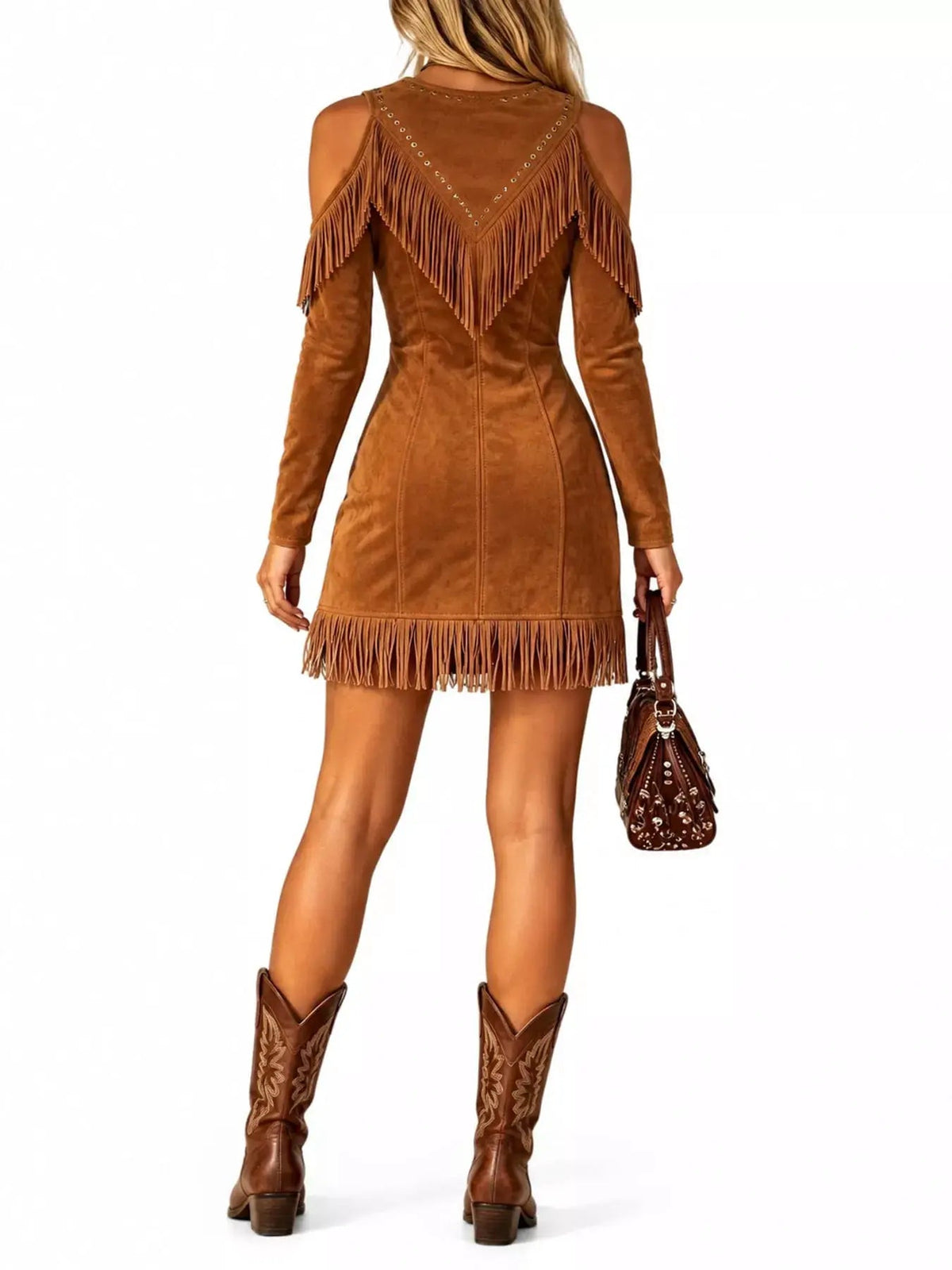 White Fringe Cold Shoulder Zip Front Mini Dress - Bitsy Gypsy Boutique