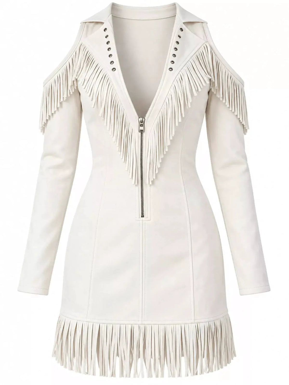 White Fringe Cold Shoulder Zip Front Mini Dress - Bitsy Gypsy Boutique