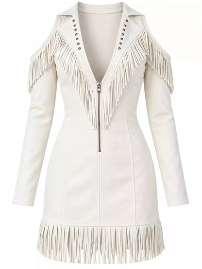 White Fringe Cold Shoulder Zip Front Mini Dress - Bitsy Gypsy Boutique