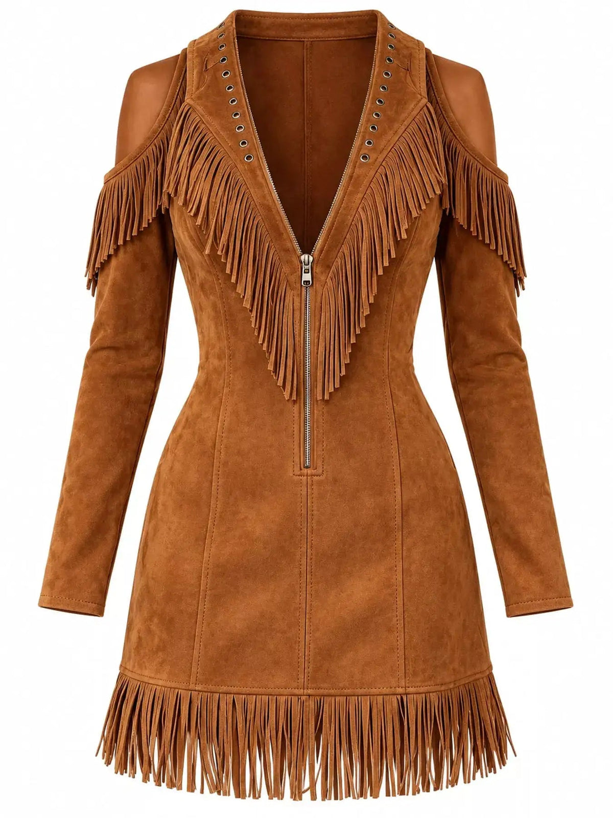 White Fringe Cold Shoulder Zip Front Mini Dress - Bitsy Gypsy Boutique