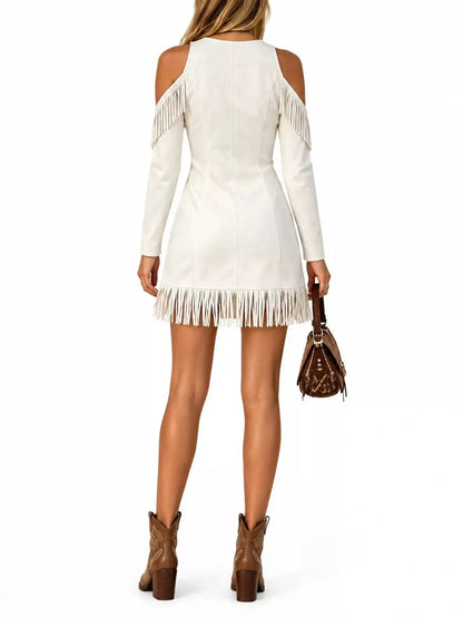 White Fringe Cold Shoulder Zip Front Mini Dress - Bitsy Gypsy Boutique