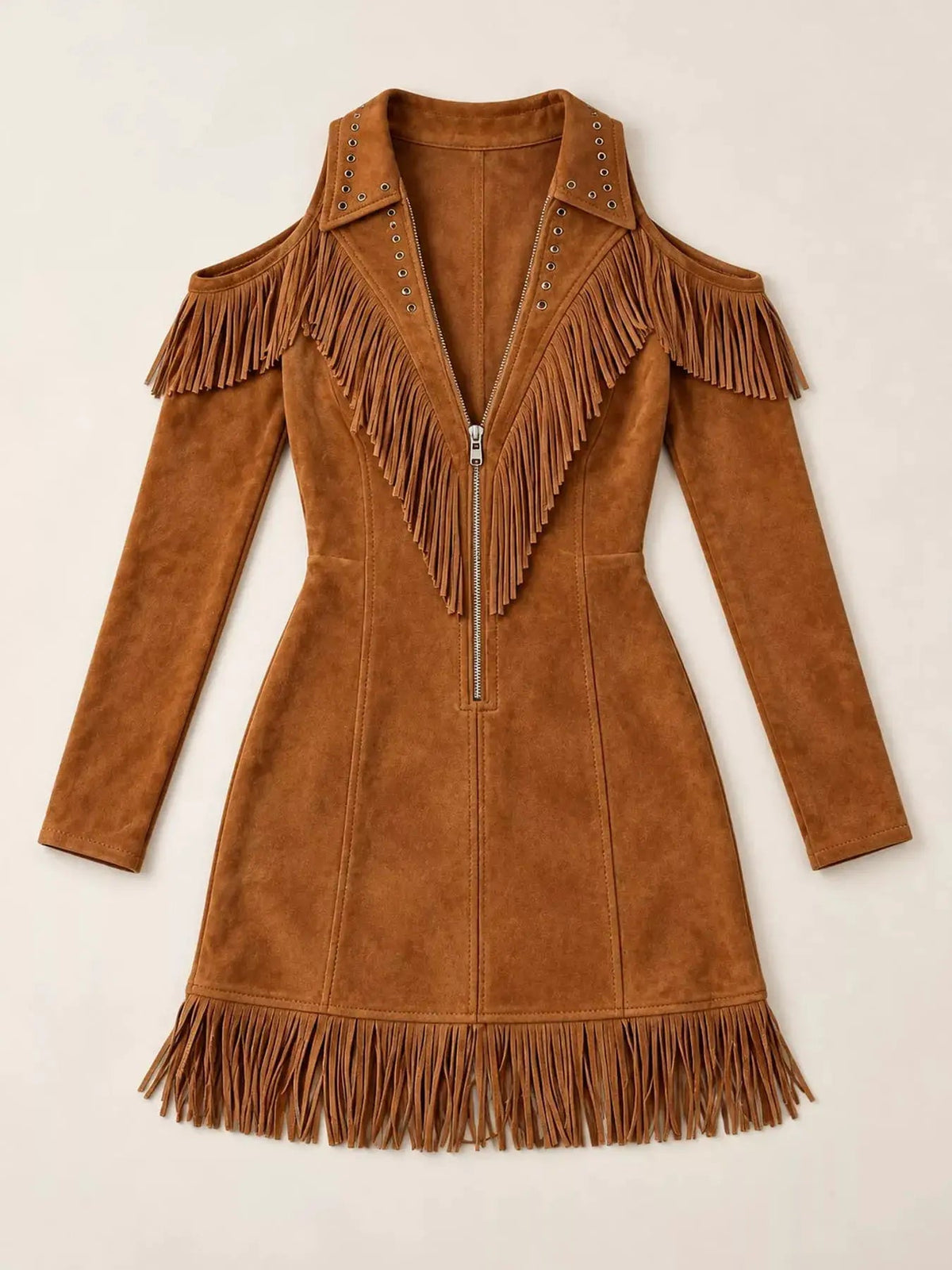 White Fringe Cold Shoulder Zip Front Mini Dress - Bitsy Gypsy Boutique