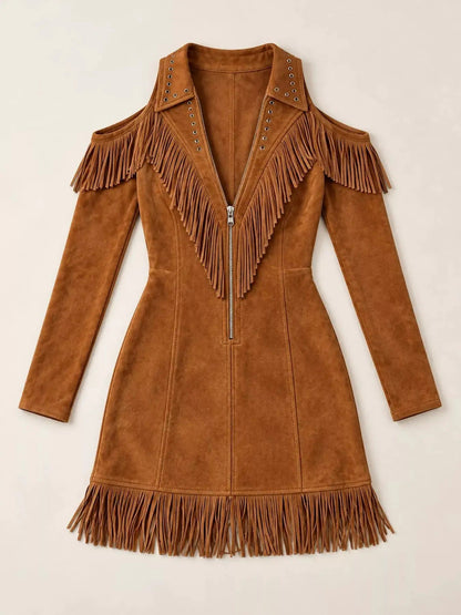 White Fringe Cold Shoulder Zip Front Mini Dress - Bitsy Gypsy Boutique