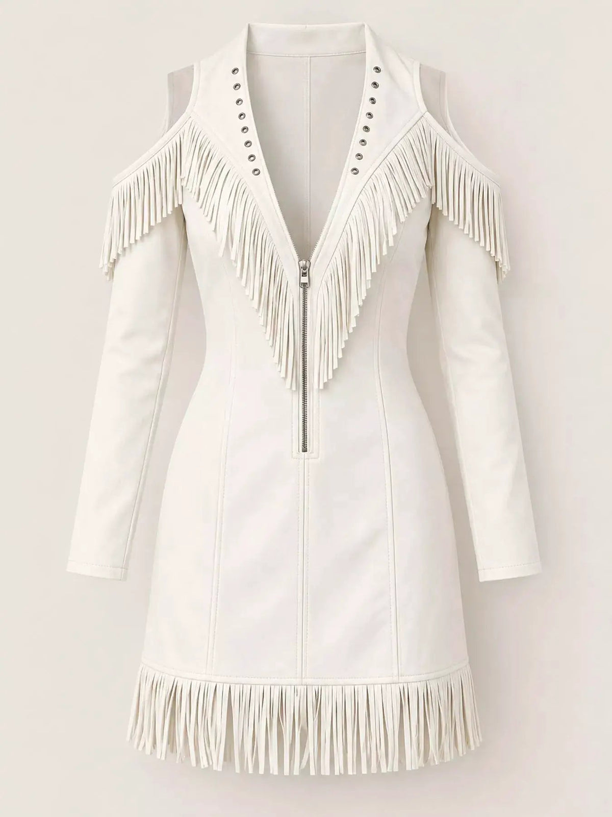 White Fringe Cold Shoulder Zip Front Mini Dress - Bitsy Gypsy Boutique