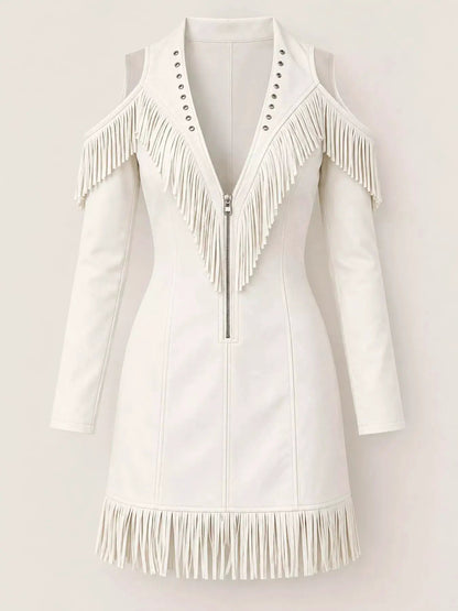 White Fringe Cold Shoulder Zip Front Mini Dress - Bitsy Gypsy Boutique