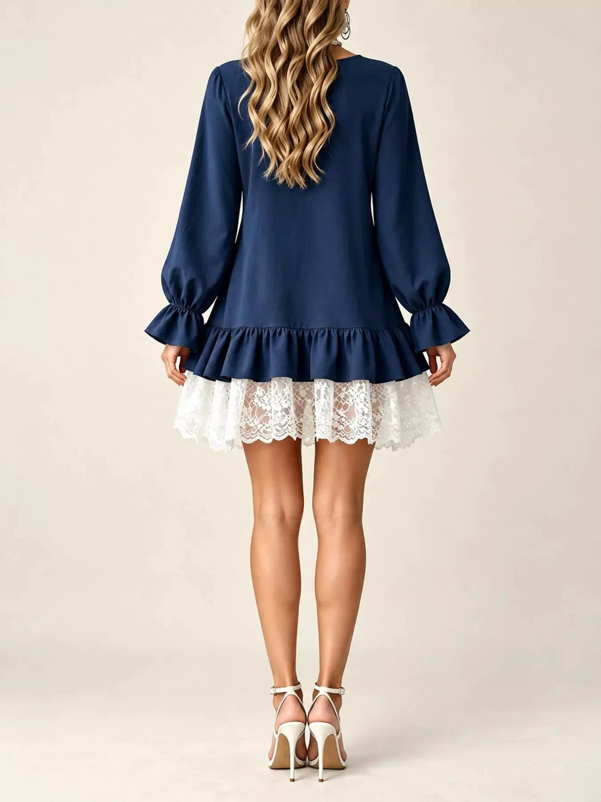 White Lace Hem V-Neck Flounce Sleeve Dress - Bitsy Gypsy Boutique