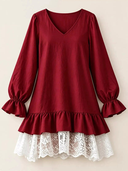 White Lace Hem V-Neck Flounce Sleeve Dress - Bitsy Gypsy Boutique