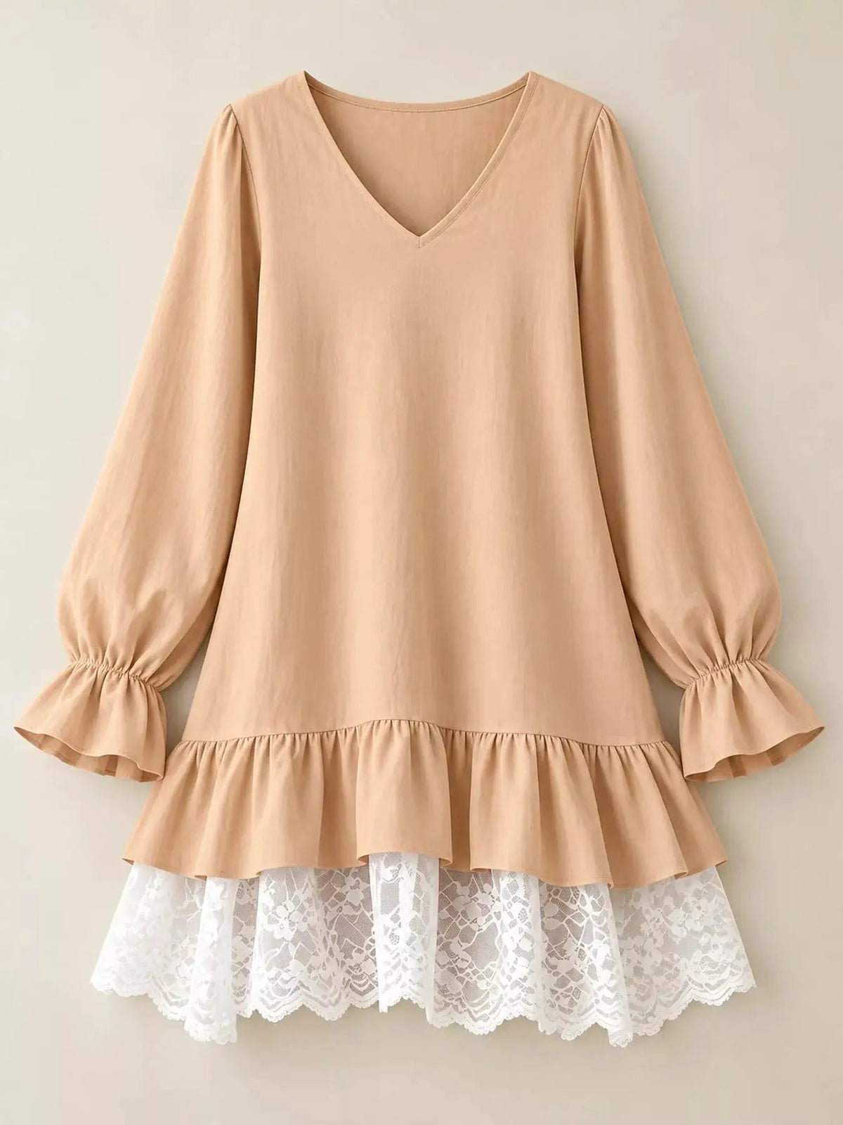 White Lace Hem V-Neck Flounce Sleeve Dress - Bitsy Gypsy Boutique